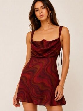 For Love And Lemons Red and Wine Swirl Cowl-Neck Mini Dress